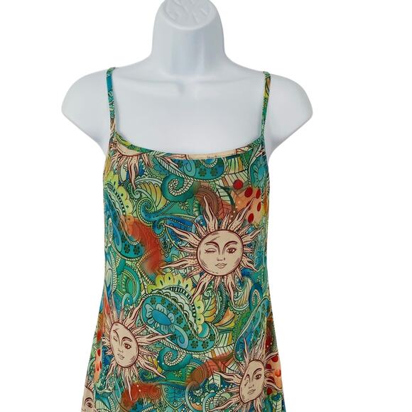 Retro Mini Slip Dress Women Large 90s Green Sun Face‎ Paisley Boho Lettuce Trim - Picture 7 of 15